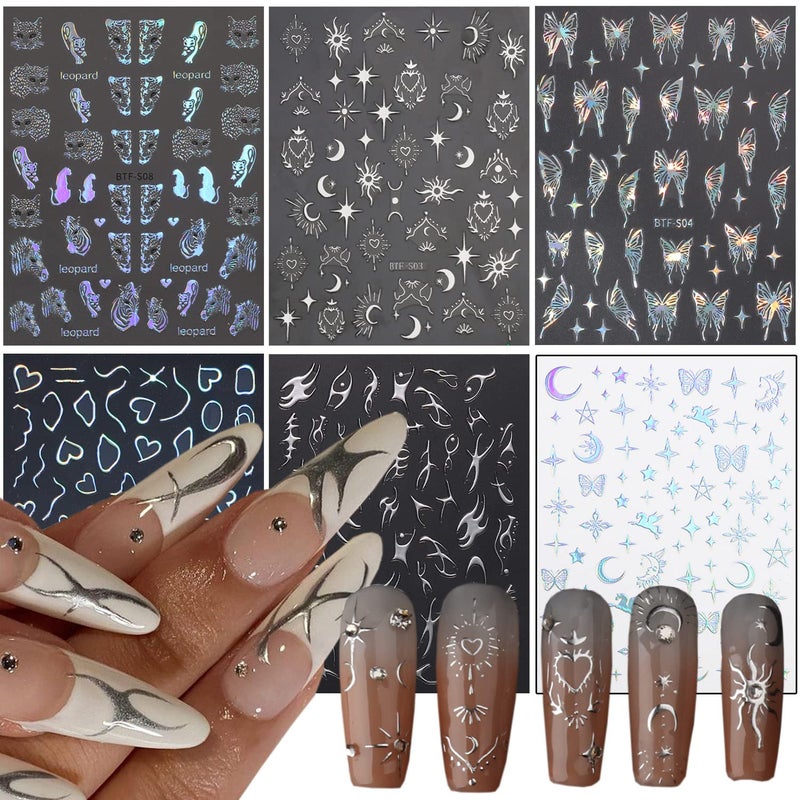 Silver Nail Art Stickers Leopard Butterfly Sun Moon Stars Heart Line Nail SelfAdhesive Sticker Design 3D Silver Nail Transfer Decals for Women Girls Manicure Charms Decorations DIY Nail Art Decal