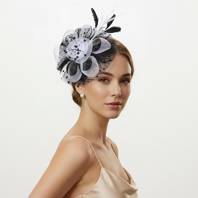 DRESHOW Fascinators Hat Flower Mesh Ribbons Feathers on a Headband and a Clip Tea Party Headwear for Girls and Women - Image 2