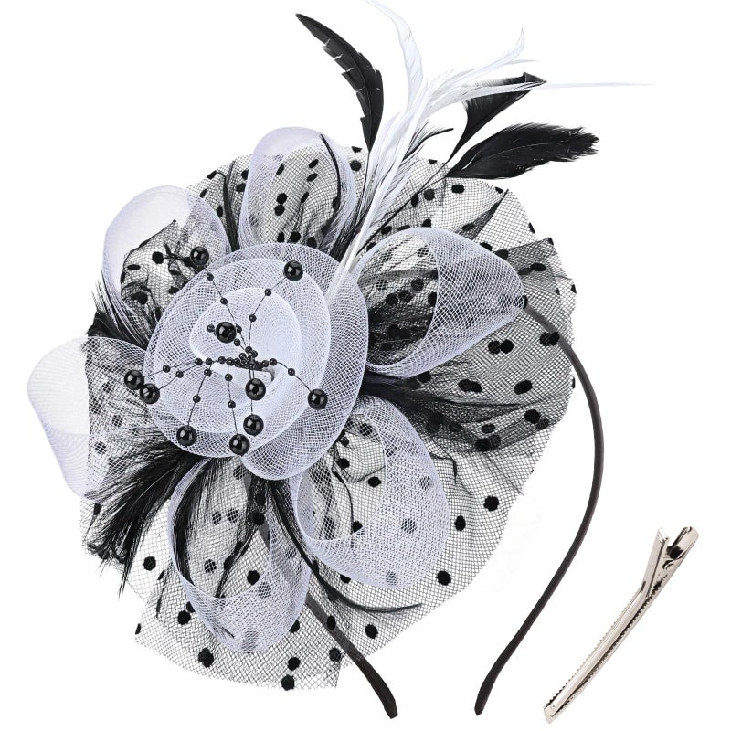 DRESHOW Fascinators Hat Flower Mesh Ribbons Feathers on a Headband and a Clip Tea Party Headwear for Girls and Women - Image 1