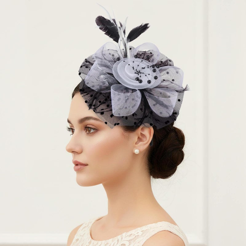DRESHOW Fascinators Hat Flower Mesh Ribbons Feathers on a Headband and a Clip Tea Party Headwear for Girls and Women - Image 3