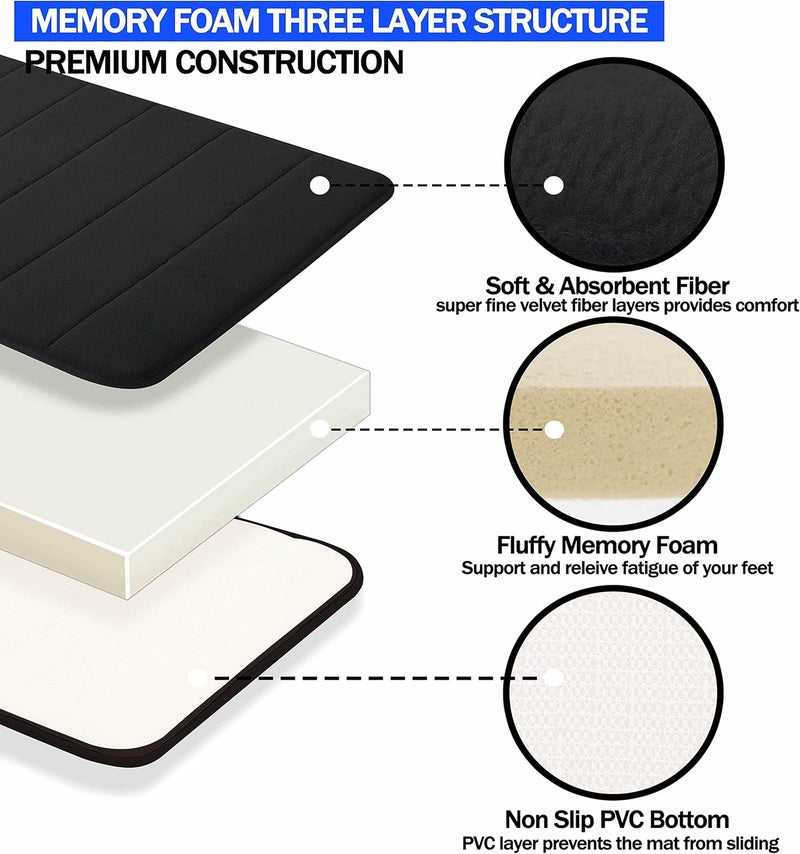 GVTECH Memory Foam Bath Mat, (2 Pack) Non-Slip Back, 40x60 cm Fleece Softness, Highly Absorbent, Bathroom Carpet, Super Soft Microfiber Bath Rug, Rectangle, Easy to clean Mat (Black) - Image 4