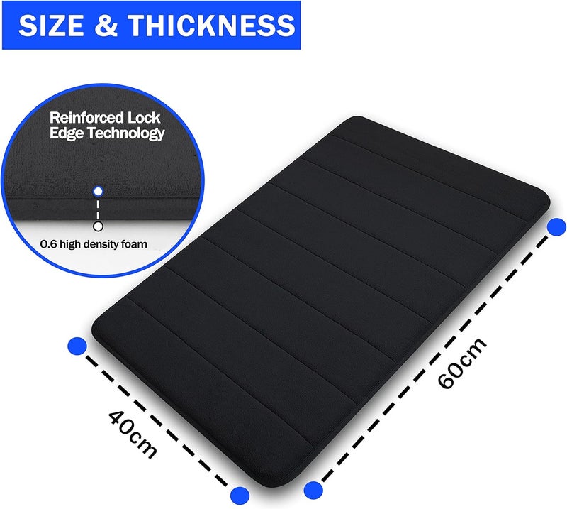 GVTECH Memory Foam Bath Mat, (2 Pack) Non-Slip Back, 40x60 cm Fleece Softness, Highly Absorbent, Bathroom Carpet, Super Soft Microfiber Bath Rug, Rectangle, Easy to clean Mat (Black) - Image 3