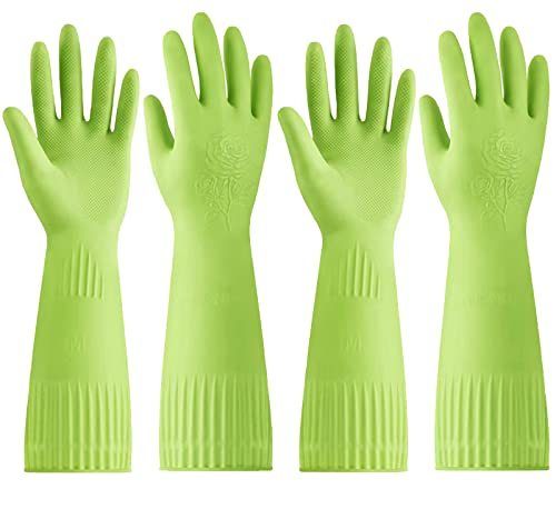 Disfore 2 Pairs of Durable Rubber Gloves Reusable NonSlip Cleaning Gloves Long Sleeve Waterproof Dishwashing Gloves to Protect Your Hands Soft and Comfortable Premium Kitchen Gloves Large Green