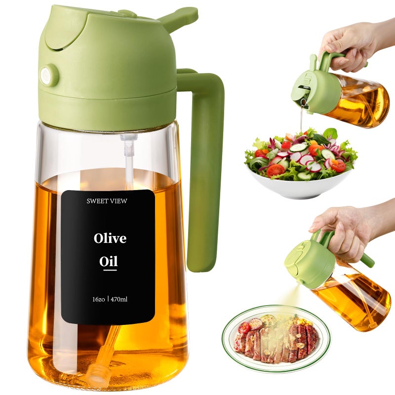 SWEET VIEW 16oz470ml Oil Dispenser and Oil Sprayer Glass Olive Oil Pourer for Kitchen Air Fryer Cooking Salad BBQGreen