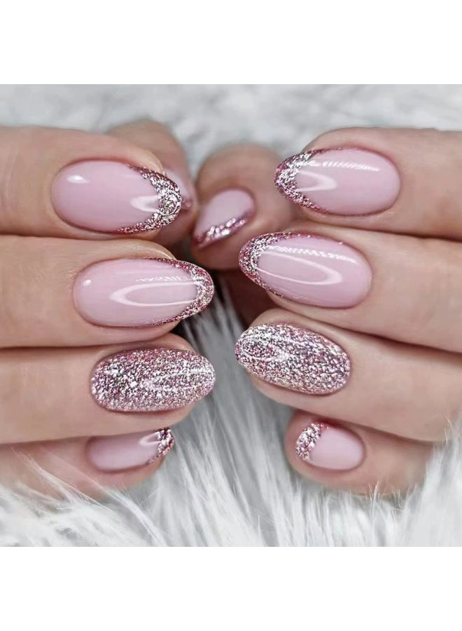 Goolsky Premium Short Round Press-on Nails with Pink Glitter French for INS-style Sweetness