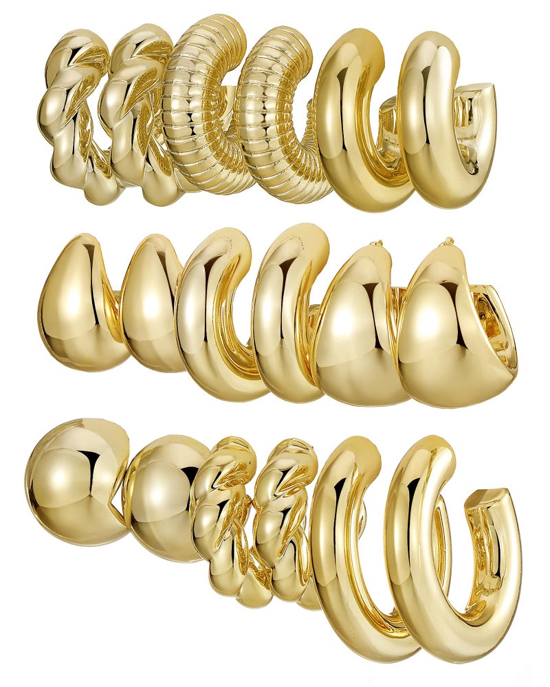IFKM 9 Pairs Gold Hoop Earrings Set For Women Plastic Hypoallergenic Chunky Chain Twisted Open Hoops Dangle Earring Packs For Birthday Party Christmas Fashion Jewelry Gift - Image 1
