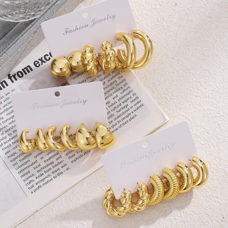 IFKM 9 Pairs Gold Hoop Earrings Set For Women Plastic Hypoallergenic Chunky Chain Twisted Open Hoops Dangle Earring Packs For Birthday Party Christmas Fashion Jewelry Gift - Image 5