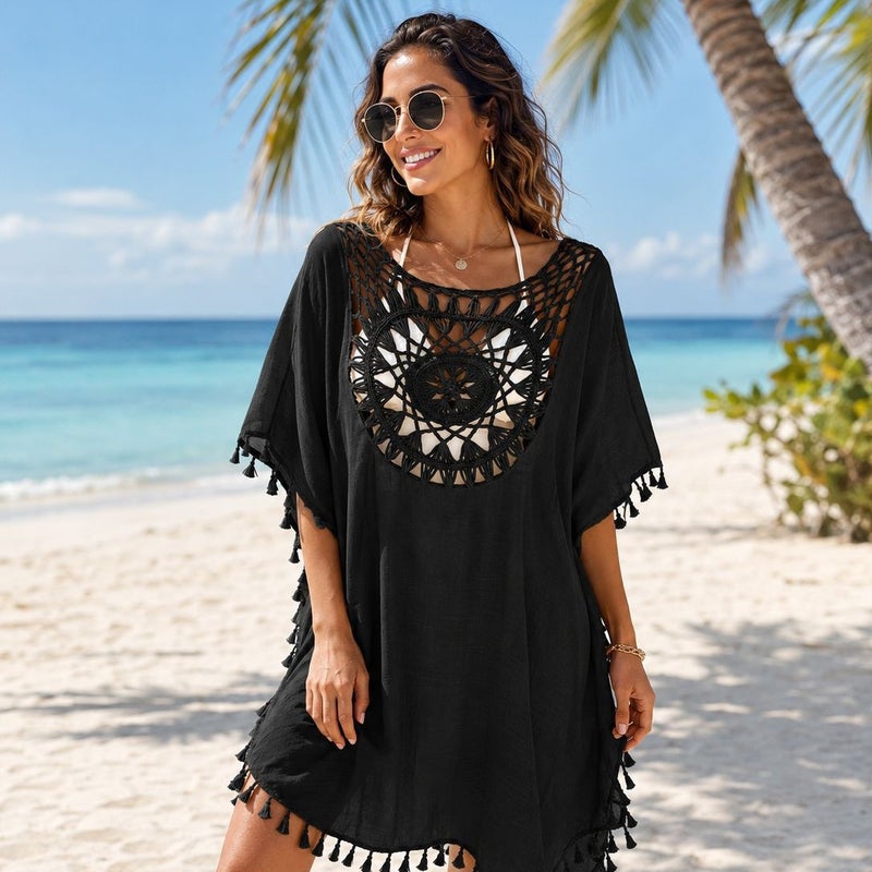 Women's Hand Crochet Short Beach Cover Up with Tassels and Sun Protection - Image 4