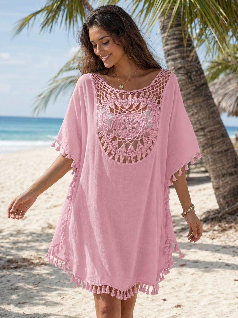 Women's Hand Crochet Short Beach Cover Up with Tassels and Sun Protection - Image 1
