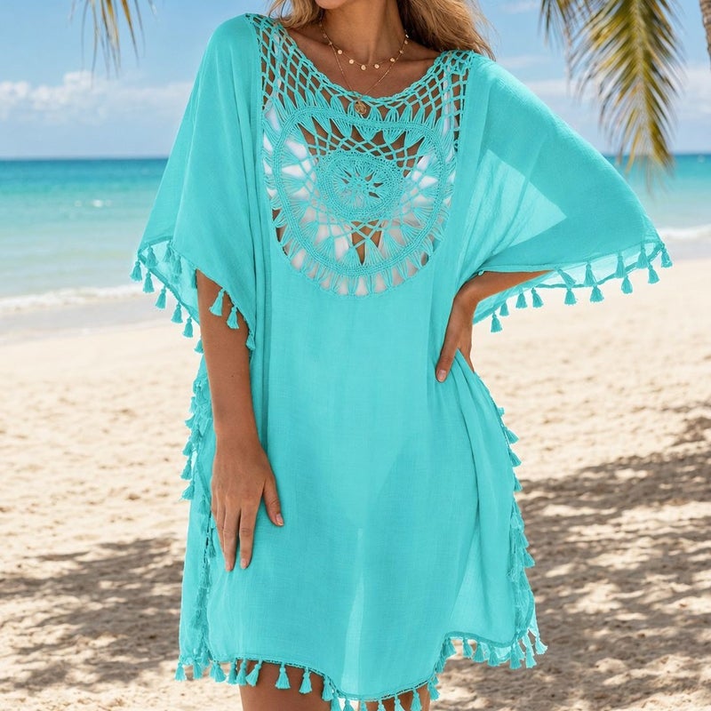 Women's Hand Crochet Short Beach Cover Up with Tassels and Sun Protection - Image 2
