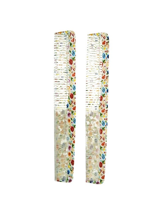 LooKat Decorative Floral Pattern Hair Comb, Wide-Toothed Detangling Comb, White with Multicolor Design pack of 2 - Image 2