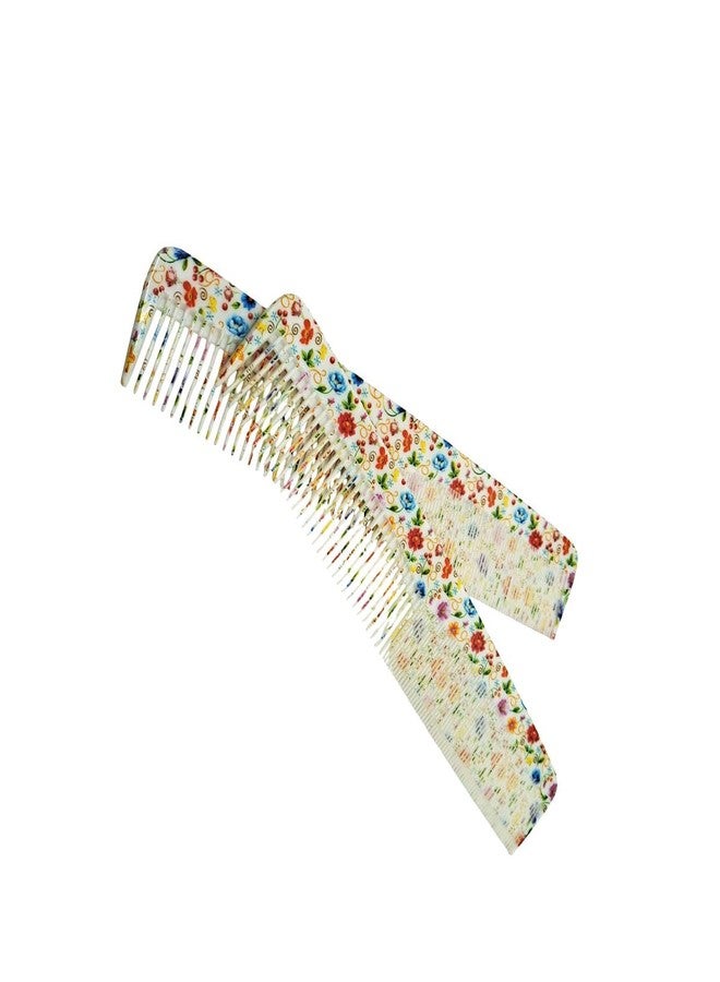 LooKat Decorative Floral Pattern Hair Comb, Wide-Toothed Detangling Comb, White with Multicolor Design pack of 2 - Image 1