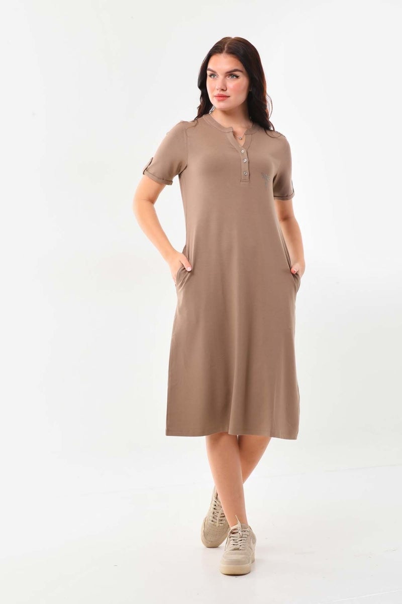 Sistas Women's Double Pocket Button Detailed Midi Length Dress 23443 Mink  - Image 1