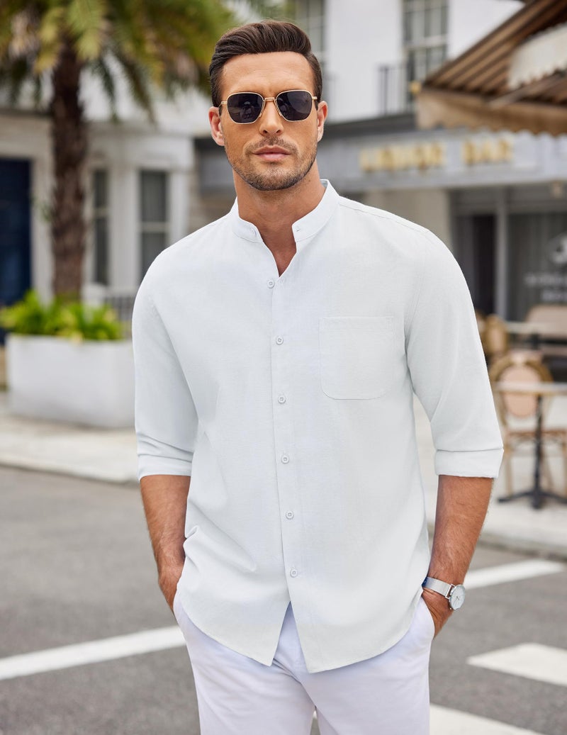 COOFANDY Men's Linen Shirts Long Sleeve Band Collar Button Up Shirt Summer Beach Shirt - Image 2