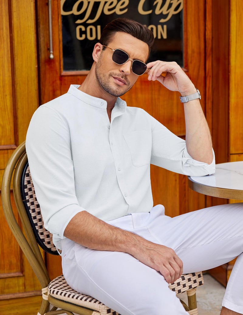 COOFANDY Men's Linen Shirts Long Sleeve Band Collar Button Up Shirt Summer Beach Shirt - Image 3