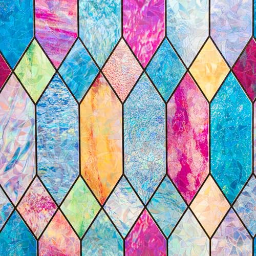 Mikomer Static Cling Window Privacy Film Stained Glass Door Film Colorful Moroccan Lattice No Glue Decorative Bathroom Door Coverings Tints UV Sun Blocking Heat Control,17.5 inches by 78.7 inches - Image 1