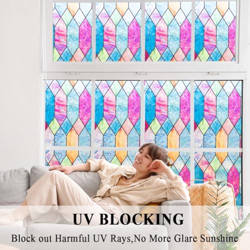 Mikomer Static Cling Window Privacy Film Stained Glass Door Film Colorful Moroccan Lattice No Glue Decorative Bathroom Door Coverings Tints UV Sun Blocking Heat Control,17.5 inches by 78.7 inches - Image 5