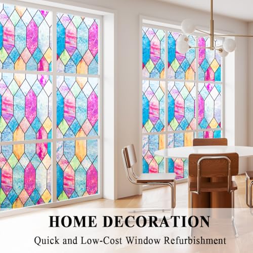 Mikomer Static Cling Window Privacy Film Stained Glass Door Film Colorful Moroccan Lattice No Glue Decorative Bathroom Door Coverings Tints UV Sun Blocking Heat Control,17.5 inches by 78.7 inches - Image 3