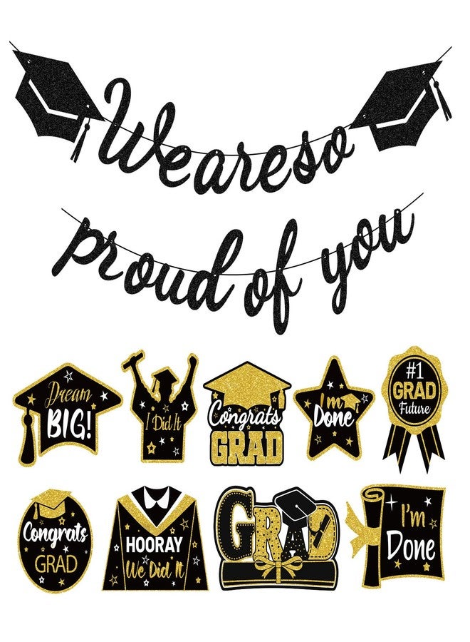 Pirekul Graduation Decorations 2026 - Class of 2026 Party Supplies Kit with Pre-Strung Black and Gold Glitter "We Are So Proud of You" Banner & Congrats Grad Cutouts Signs for High School, College, Home & Car - Image 1