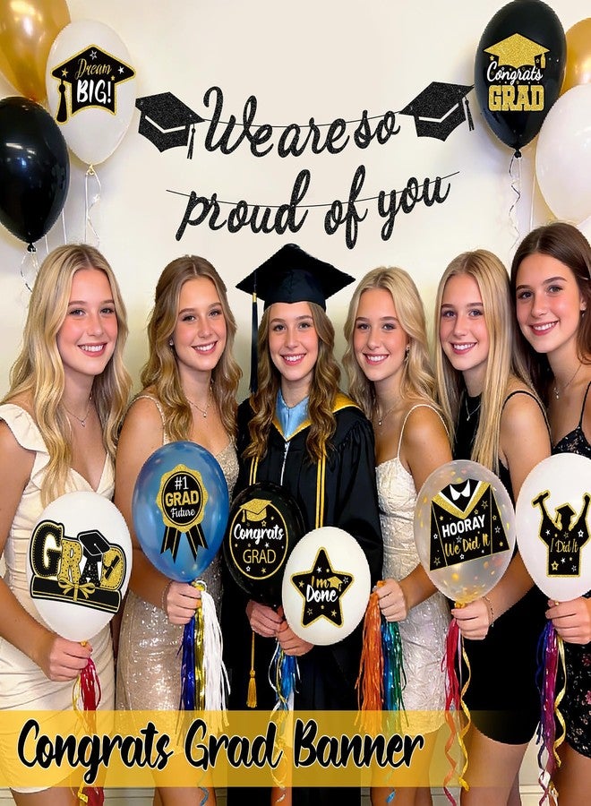 Pirekul Graduation Decorations 2026 - Class of 2026 Party Supplies Kit with Pre-Strung Black and Gold Glitter "We Are So Proud of You" Banner & Congrats Grad Cutouts Signs for High School, College, Home & Car - Image 4