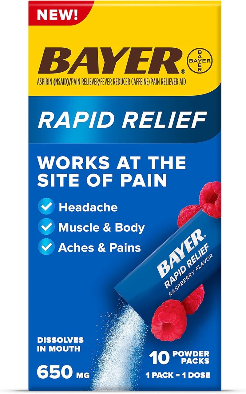 Bayer New Rapid Relief Powder Packs with Aspirin  Caffeine Dissolvable Fast Acting Pain Relief Works at Site of Pain to Relieve Headache Muscle and Body Pain Raspberry Flavor 10 Count - Image 1