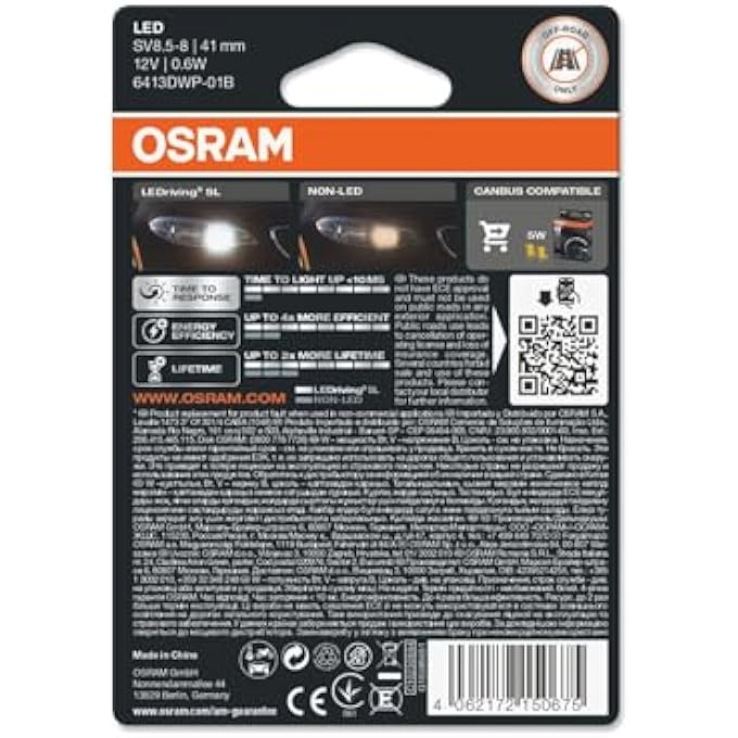 OSRAM Ledriving Sl  C5W 41 Mm Signal Lights White 6000K Led Retrofit  Single Pack 1 Lamp - Image 4