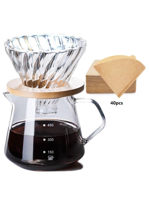 مجموعة ماكينة تحضير القهوة V60 Pour Over بسعة 600 مل مع إبريق قهوة زجاجي مع 40 قطعة من فلتر V60 الورقي، وعاء قهوة محمول مع فلتر تنقيط