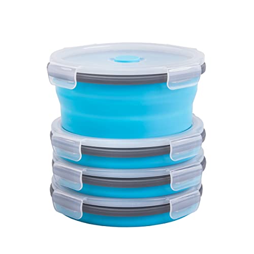 Collapsible Food Storage Containers Round with Airtight Lid 27 oz Kitchen Stacking Silicone Collapsible Meal Prep Container Set for Leftover Microwave Freezer Dishwasher Safe Blue Set of 4