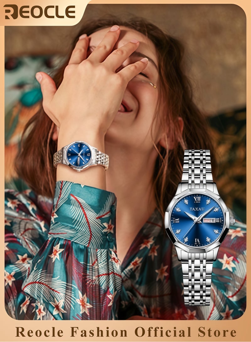 ريوكل ساعة نسائية من الكوارتز مزينة بالألماس ساعة موضة بميناء دائري مرصع بالألماس مصنوعة من الفولاذ المقاوم للصدأ الفاخر ومقاومة للماء - Image 1