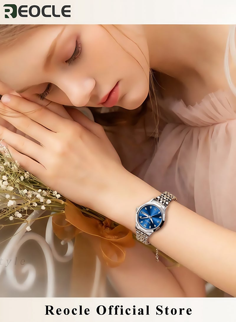 ريوكل ساعة نسائية من الكوارتز مزينة بالألماس ساعة موضة بميناء دائري مرصع بالألماس مصنوعة من الفولاذ المقاوم للصدأ الفاخر ومقاومة للماء - Image 4