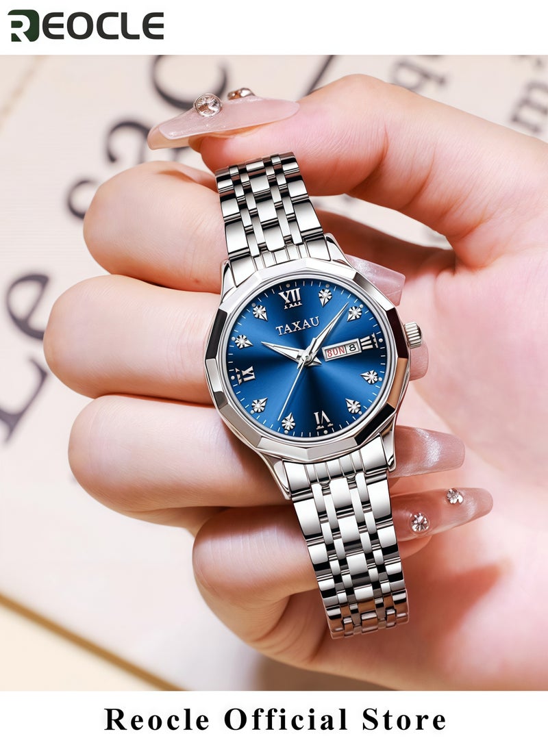 ريوكل ساعة نسائية من الكوارتز مزينة بالألماس ساعة موضة بميناء دائري مرصع بالألماس مصنوعة من الفولاذ المقاوم للصدأ الفاخر ومقاومة للماء - Image 2