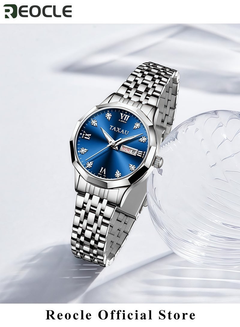 ريوكل ساعة نسائية من الكوارتز مزينة بالألماس ساعة موضة بميناء دائري مرصع بالألماس مصنوعة من الفولاذ المقاوم للصدأ الفاخر ومقاومة للماء - Image 5