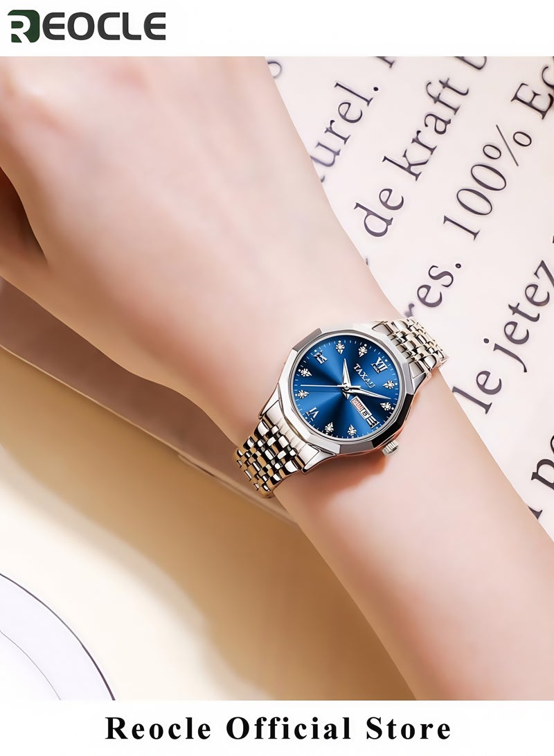 ريوكل ساعة نسائية من الكوارتز مزينة بالألماس ساعة موضة بميناء دائري مرصع بالألماس مصنوعة من الفولاذ المقاوم للصدأ الفاخر ومقاومة للماء - Image 3