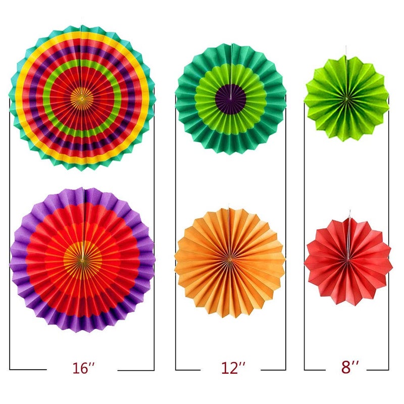 Lansian Lansian Set of 12 Vibrant Multicolor Paper Hanging Fans Rosettes Party Decorations for Cinco De Mayo, Fiesta, Carnival, Kids Party, Baby Shower  - Image 3