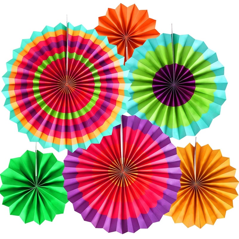 Lansian Lansian Set of 12 Vibrant Multicolor Paper Hanging Fans Rosettes Party Decorations for Cinco De Mayo, Fiesta, Carnival, Kids Party, Baby Shower  - Image 2