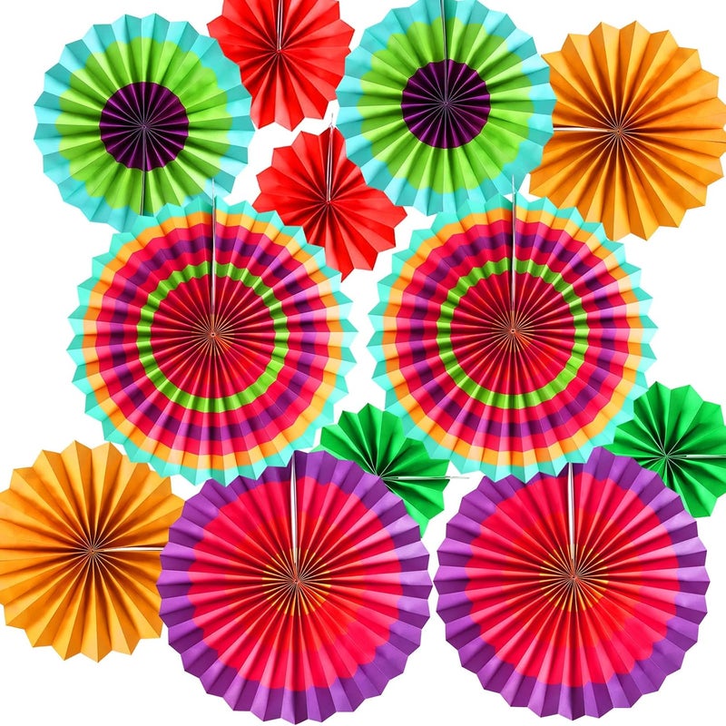 Lansian Lansian Set of 12 Vibrant Multicolor Paper Hanging Fans Rosettes Party Decorations for Cinco De Mayo, Fiesta, Carnival, Kids Party, Baby Shower  - Image 1