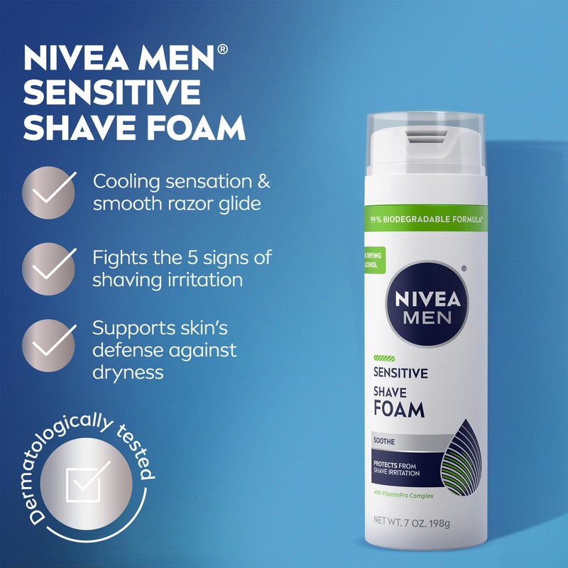 NIVEA MEN Sensitive Shave Foam with Vitamin E, Soothing Chamomile and Witch Hazel Extracts, 6 Pack of 7 Oz Cans - Image 3