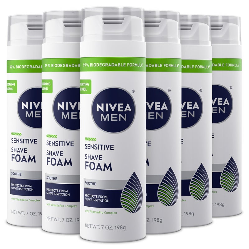 NIVEA MEN Sensitive Shave Foam with Vitamin E, Soothing Chamomile and Witch Hazel Extracts, 6 Pack of 7 Oz Cans - Image 1