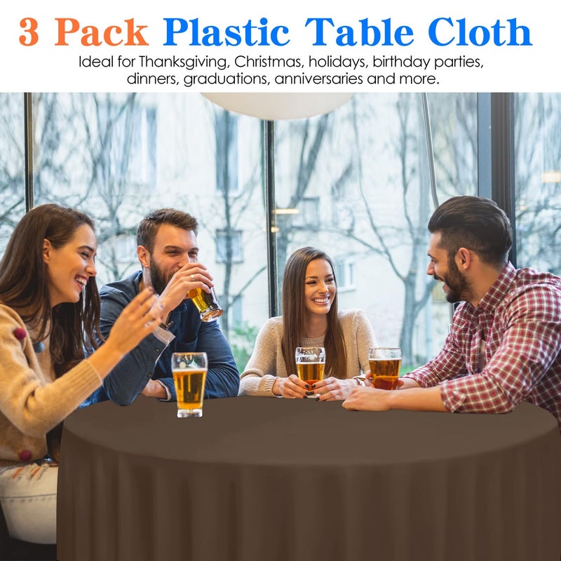 YSYJ 3 Pack Brown Plastic Tablecloth Disposable Round Table Cloth 84 Inch Table Cover for Parties - Image 4