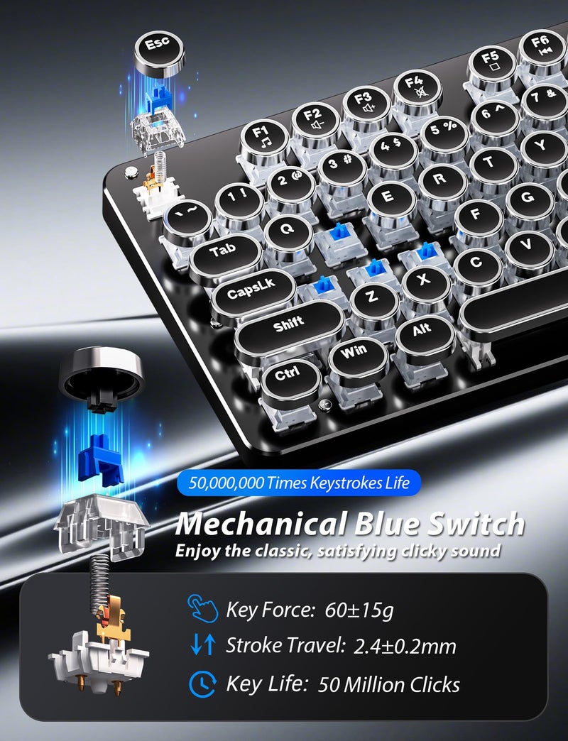 Taiahiro Typewriter Mechanical Gaming Keyboard and Mouse, Metal Panel Retro Keyboards with Round Keycap Blue Switch, Rainbow LED Backlit 104-Key Anti-Ghost Wired Mouse and Pad Combo for PC Laptop Mac Gamer - Image 3