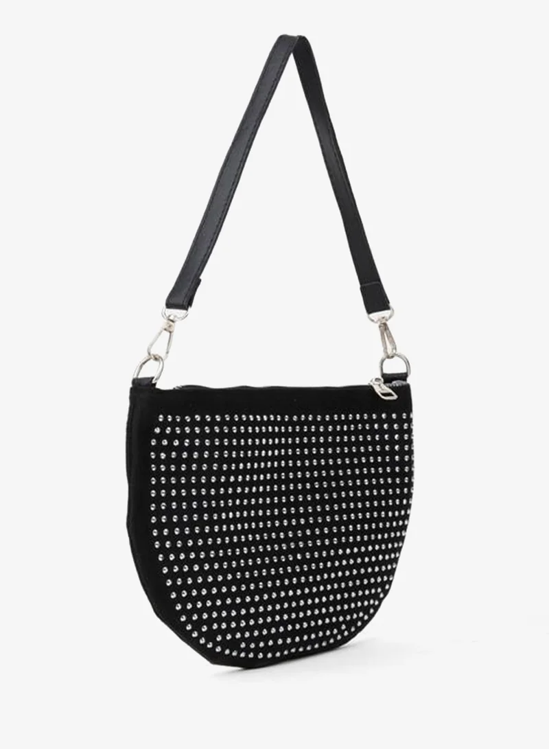 Vivaq  Women's Zerrin Black Half-Moon Patterned Stone Suede Zipper Closure Mini Hand, Wrist and Shoulder Bag. for Women | Best Price UAE