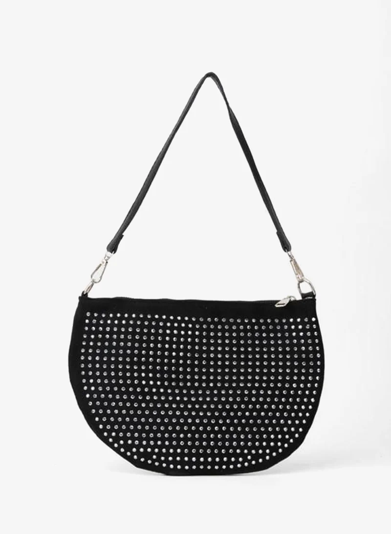 Vivaq  Women's Zerrin Black Half-Moon Patterned Stone Suede Zipper Closure Mini Hand, Wrist and Shoulder Bag. for Women | Best Price UAE