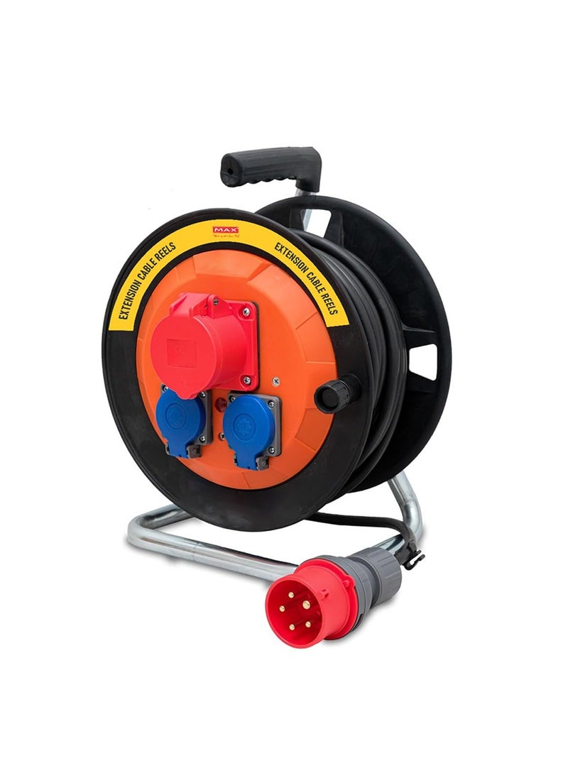 Generic Max Extension Cable Drum| 3phase with 16 Amp 5 pin Industrial Plug| 16 Amp 5 pin Industrial Socket| 16 Amp 2 Pole 2 schuko sockets and 25 metres Wire|Industrial Cable Reel/Drum |  - Image 1