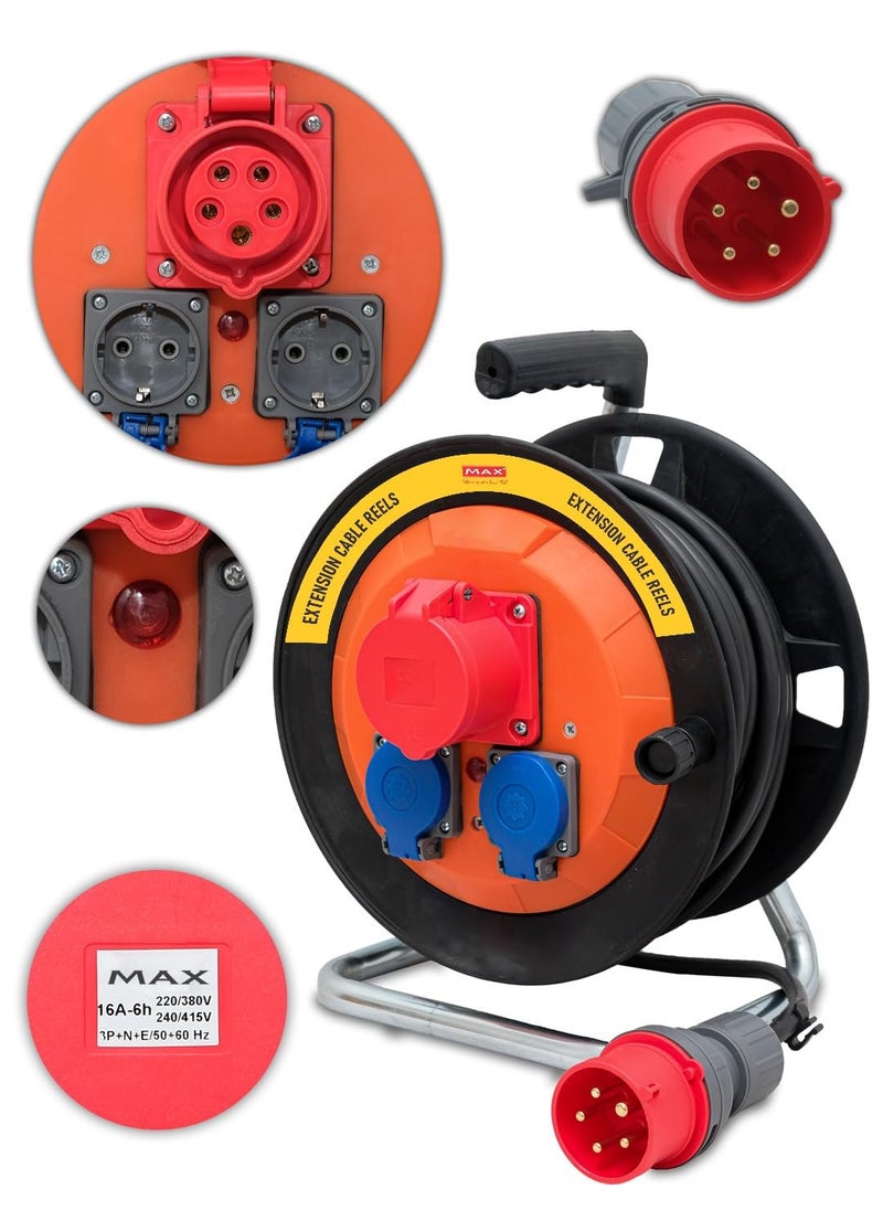 Generic Max Extension Cable Drum| 3phase with 16 Amp 5 pin Industrial Plug| 16 Amp 5 pin Industrial Socket| 16 Amp 2 Pole 2 schuko sockets and 25 metres Wire|Industrial Cable Reel/Drum |  - Image 3