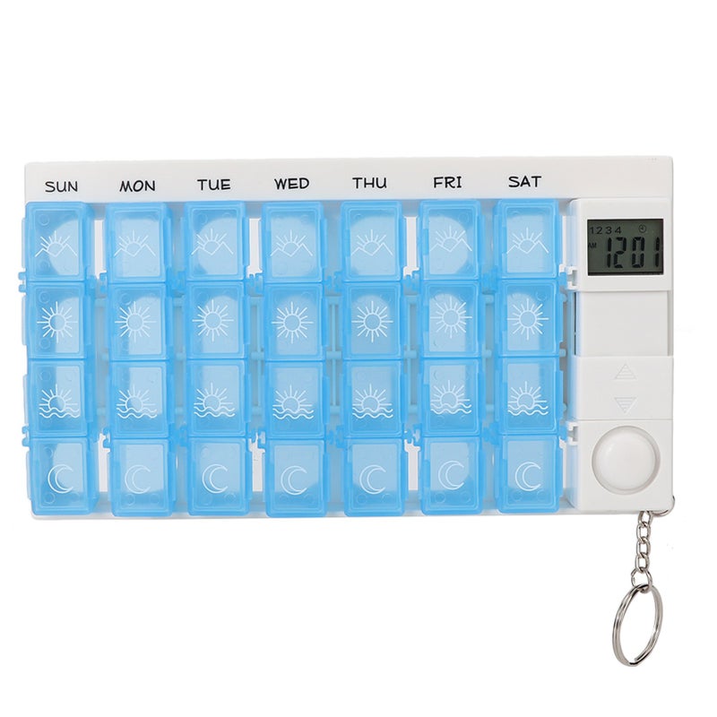 28 Grids Weekly Portable Medicine Tablet Pills Candy Storage Box Organizer Case with RemiderBlue - Image 1