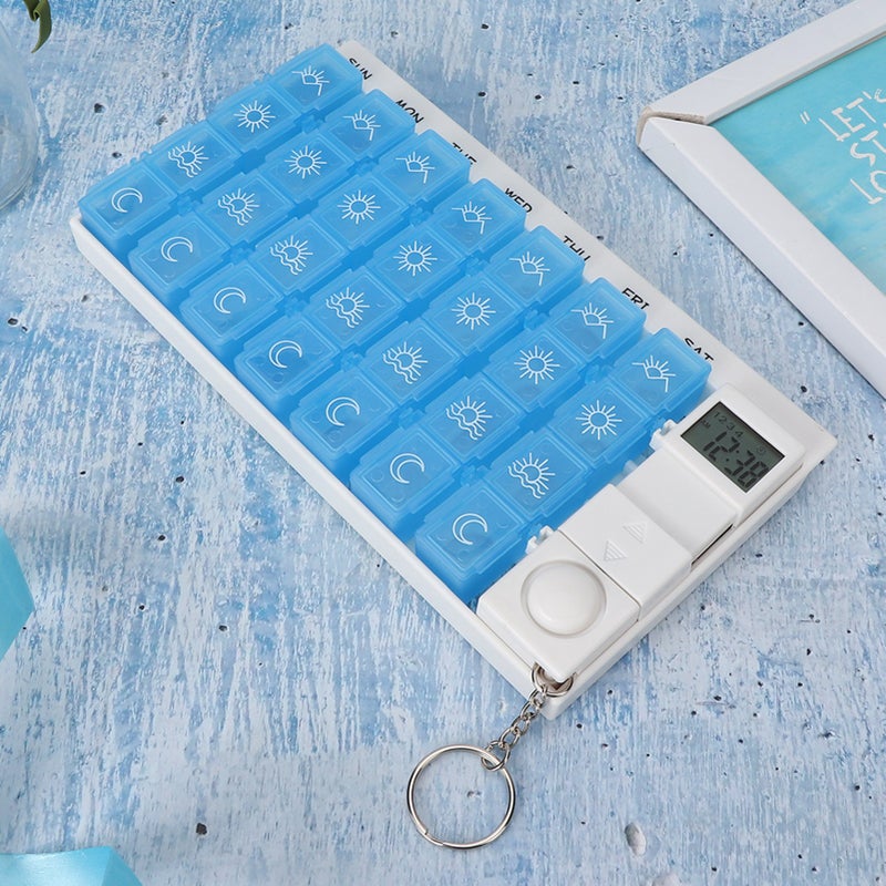28 Grids Weekly Portable Medicine Tablet Pills Candy Storage Box Organizer Case with RemiderBlue - Image 3