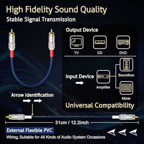 UCINNOVATE RCA Audio Cable for Amplifier, 13 AWG 30cm 2 Pack RCA to RCA Plug Cold Welding Oxygen Free Copper RCA Speaker Cable with Gold-Plated Plug, Heavy-Duty Blue 1FT OFC HiFi for amp Home Theater - Image 5