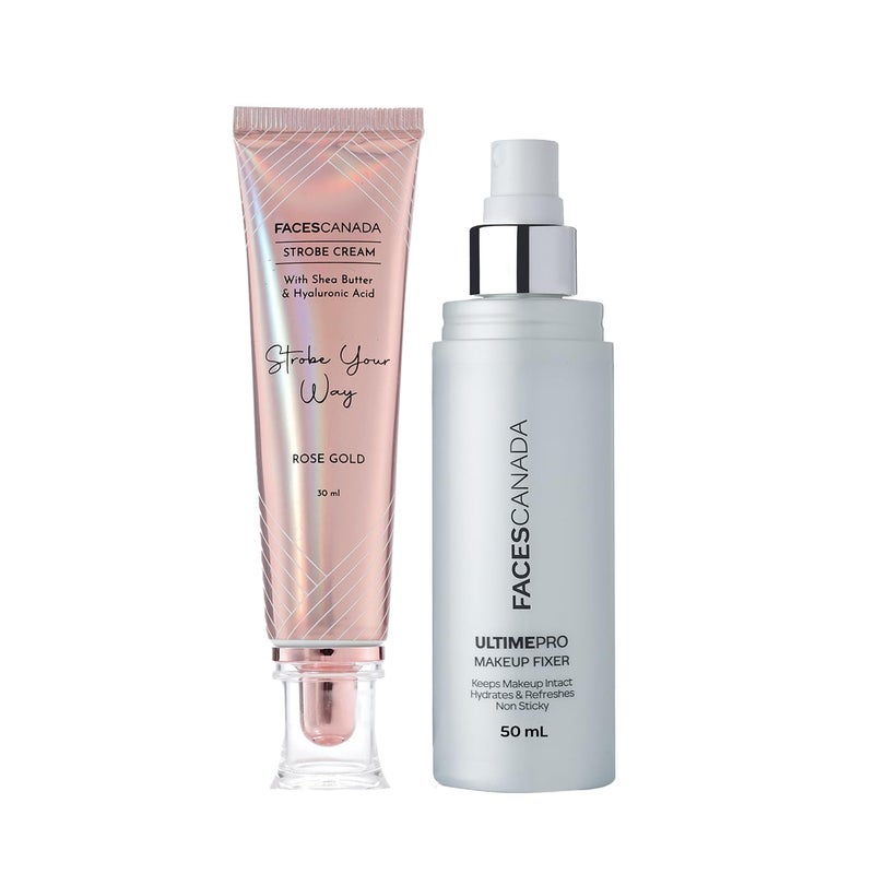 Facescanada FACESCANADA Glow  Go Combo Kit  Rose Gold Strobe Cream 30Ml  Makeup Fixer 50Ml  All Day Natural Glow  Hydrating Makeup Fixer  Illuminating  Glowing Makeup Kit 2 Pieces  - Image 1