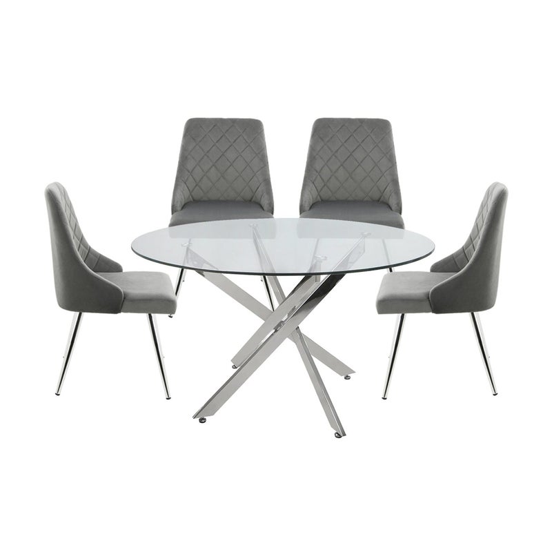 VANITY LIVING Dining Table Set 4 Seater – Davos Chrome Round Clear Glass Table with Stainless Steel Base & 4 Milan Grey Velvet Chairs – Modern Kitchen & Dining Room Furniture - Image 2
