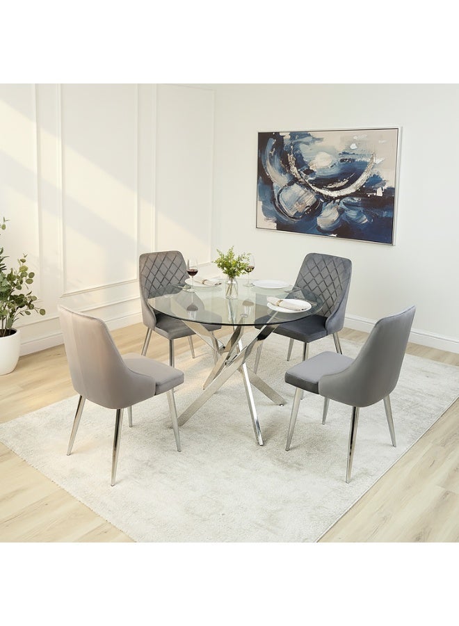 VANITY LIVING Dining Table Set 4 Seater – Davos Chrome Round Clear Glass Table with Stainless Steel Base & 4 Milan Grey Velvet Chairs – Modern Kitchen & Dining Room Furniture - Image 3